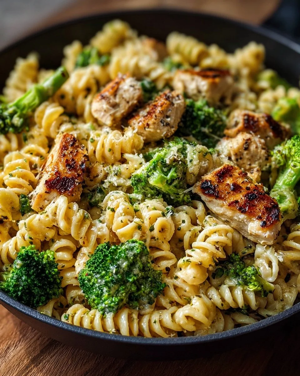 High protein rotisserie chicken with broccoli pasta dish