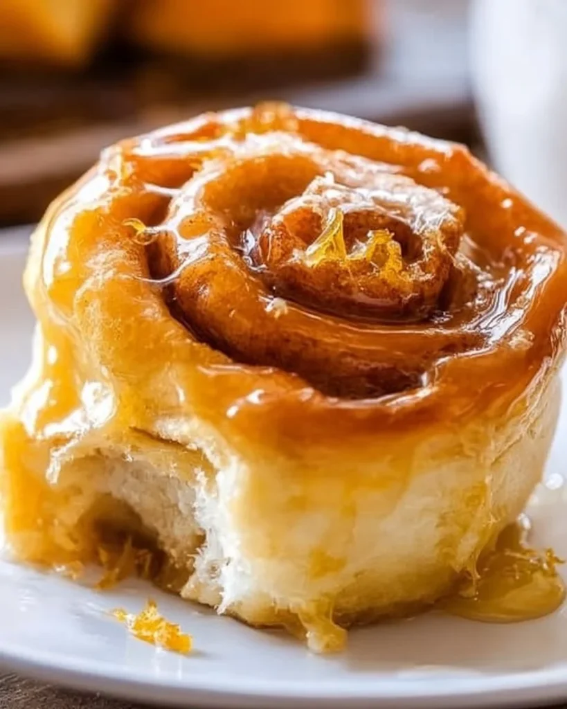 Homemade glazed orange sweet rolls topped with icing on a wooden table
