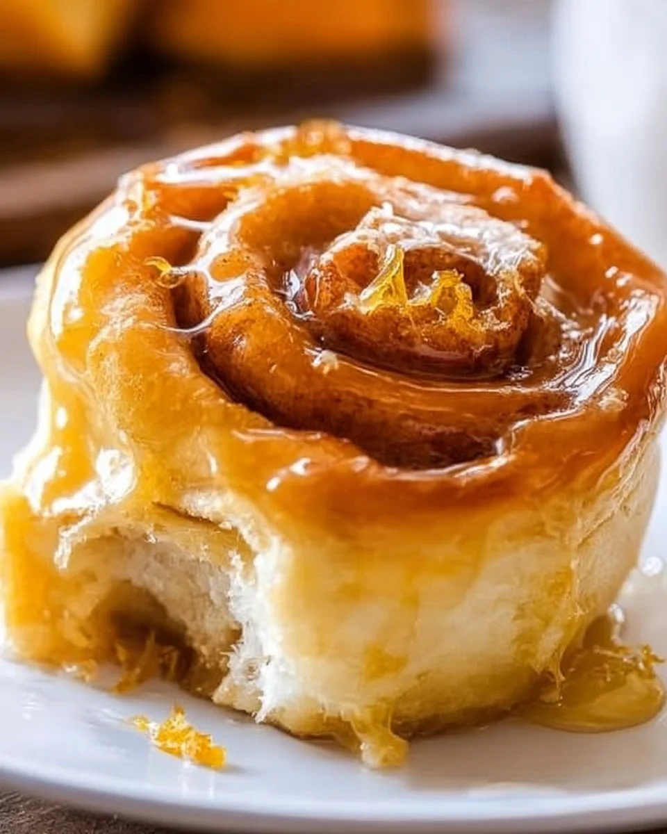 Homemade glazed orange sweet rolls topped with icing on a wooden table