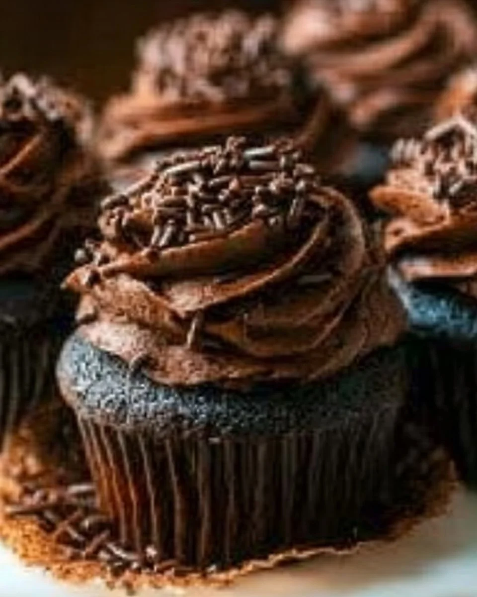 Delicious homemade moist chocolate cupcakes topped with creamy frosting