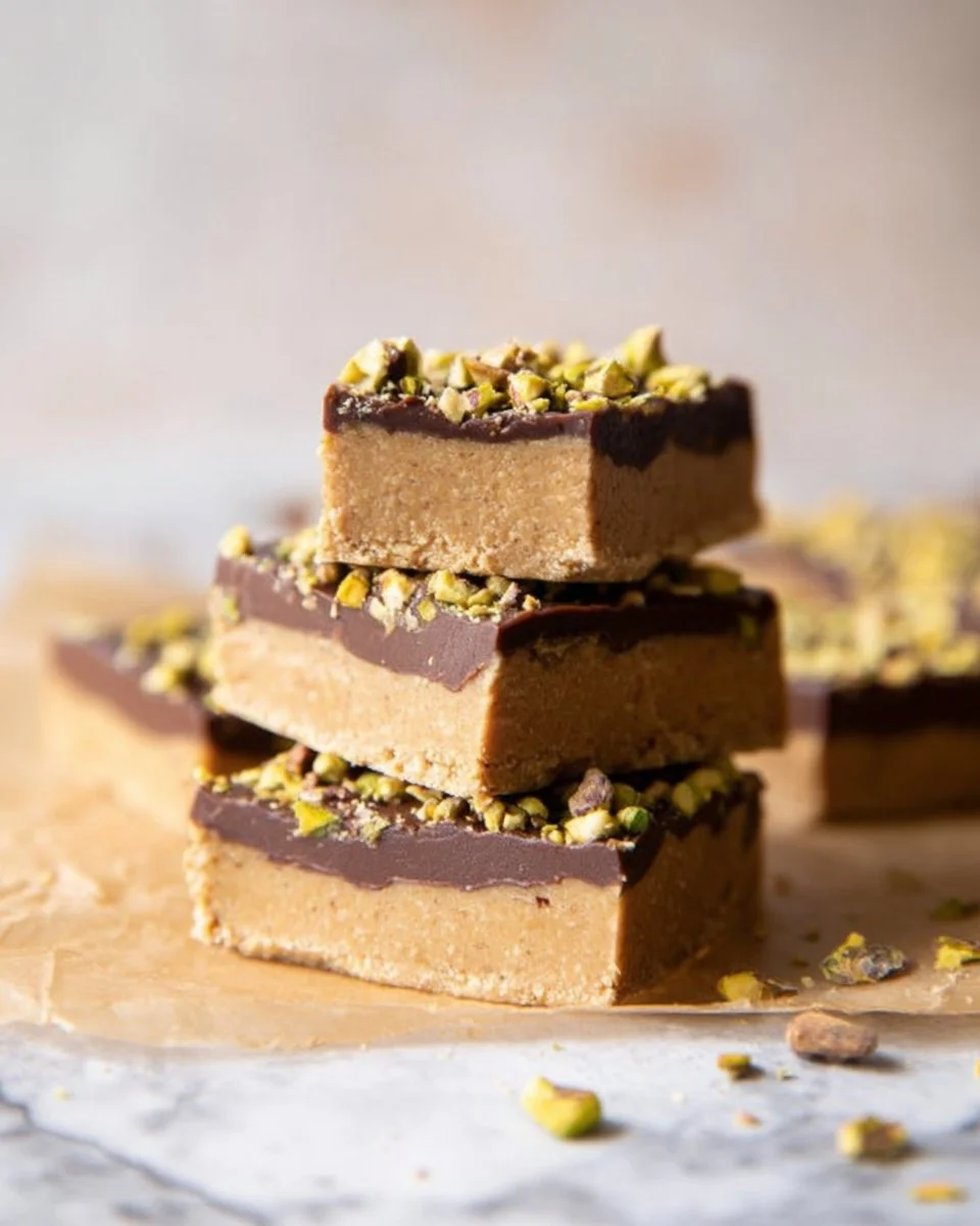 Homemade peanut butter protein bars stacked on a wooden table