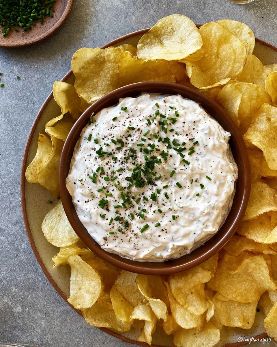 Homemade sour cream and onion dip served with fresh veggies and crackers