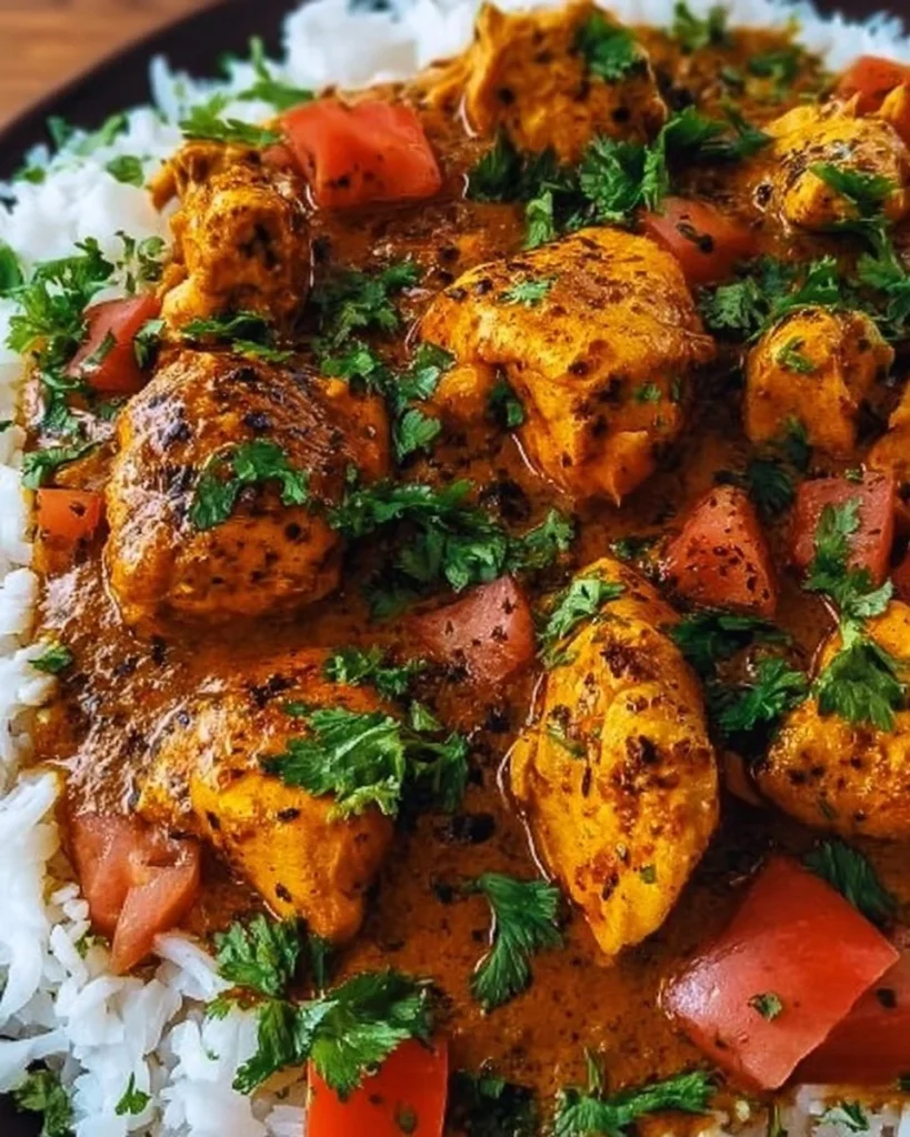 Delicious homestyle chicken curry served with rice and garnished with cilantro.