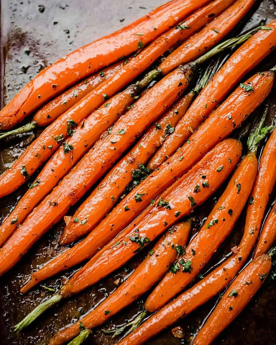 Honey balsamic roasted carrots garnished with herbs on a white plate.