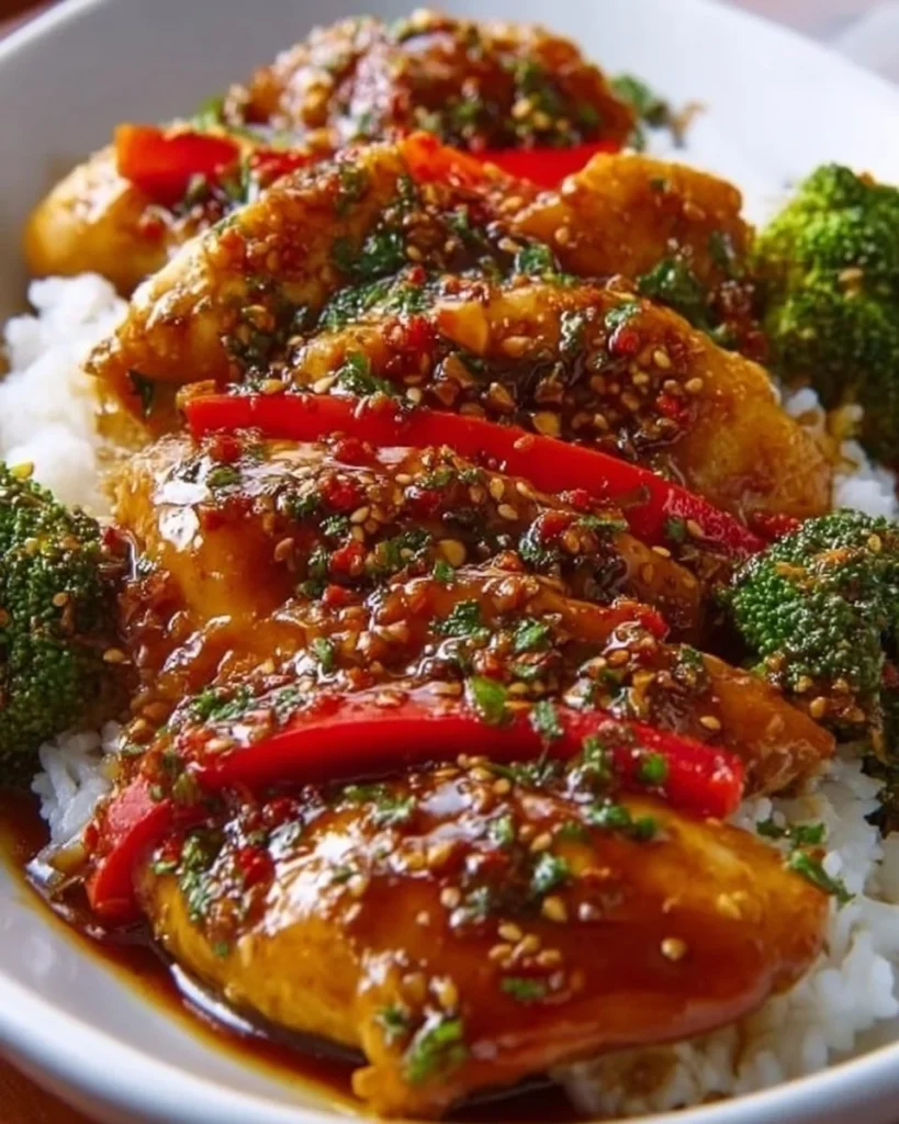 Delicious honey garlic chicken dish served with vegetables