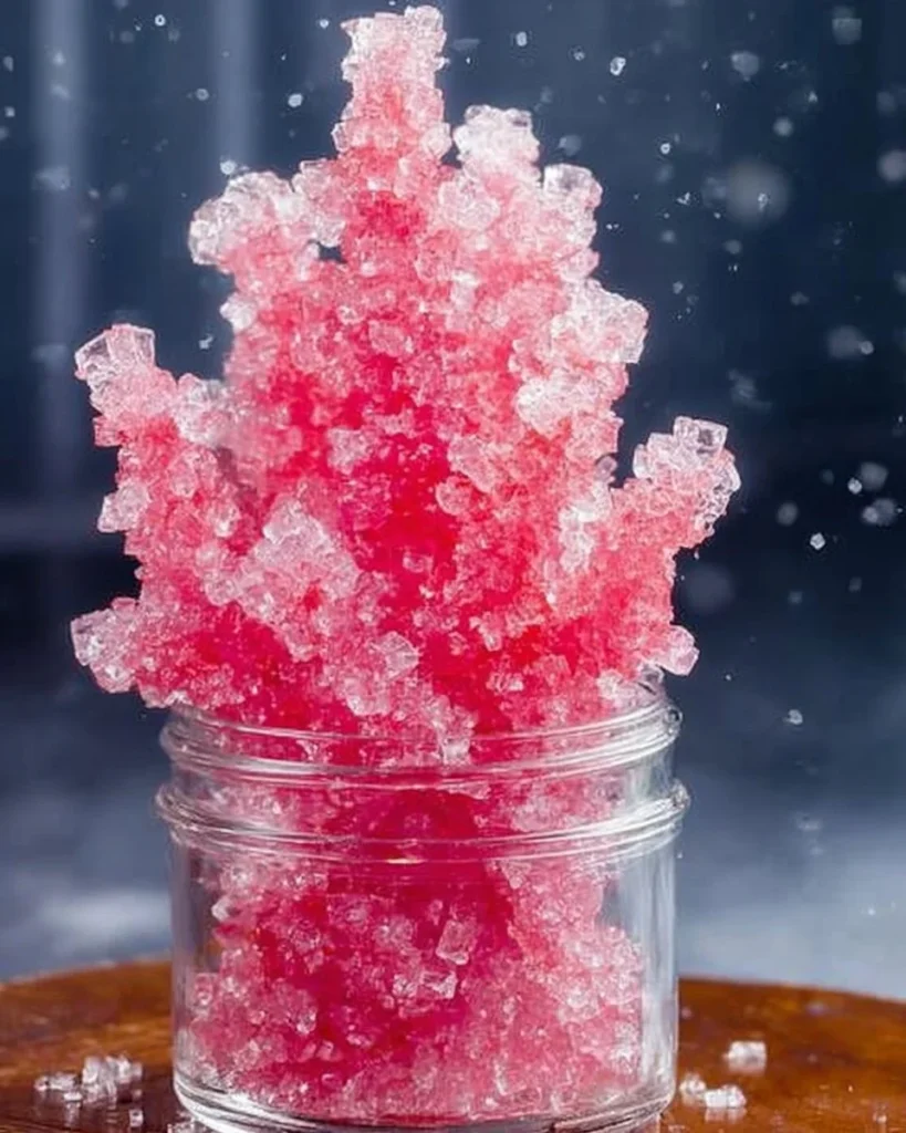 Homemade sugar crystals growing in a jar, showcasing flavor and texture.