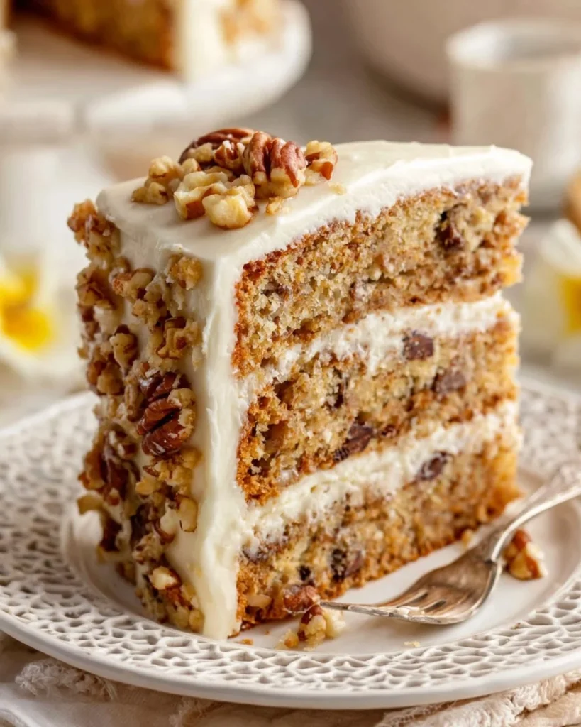 A slice of heart-healthy Hummingbird Cake topped with cream cheese frosting