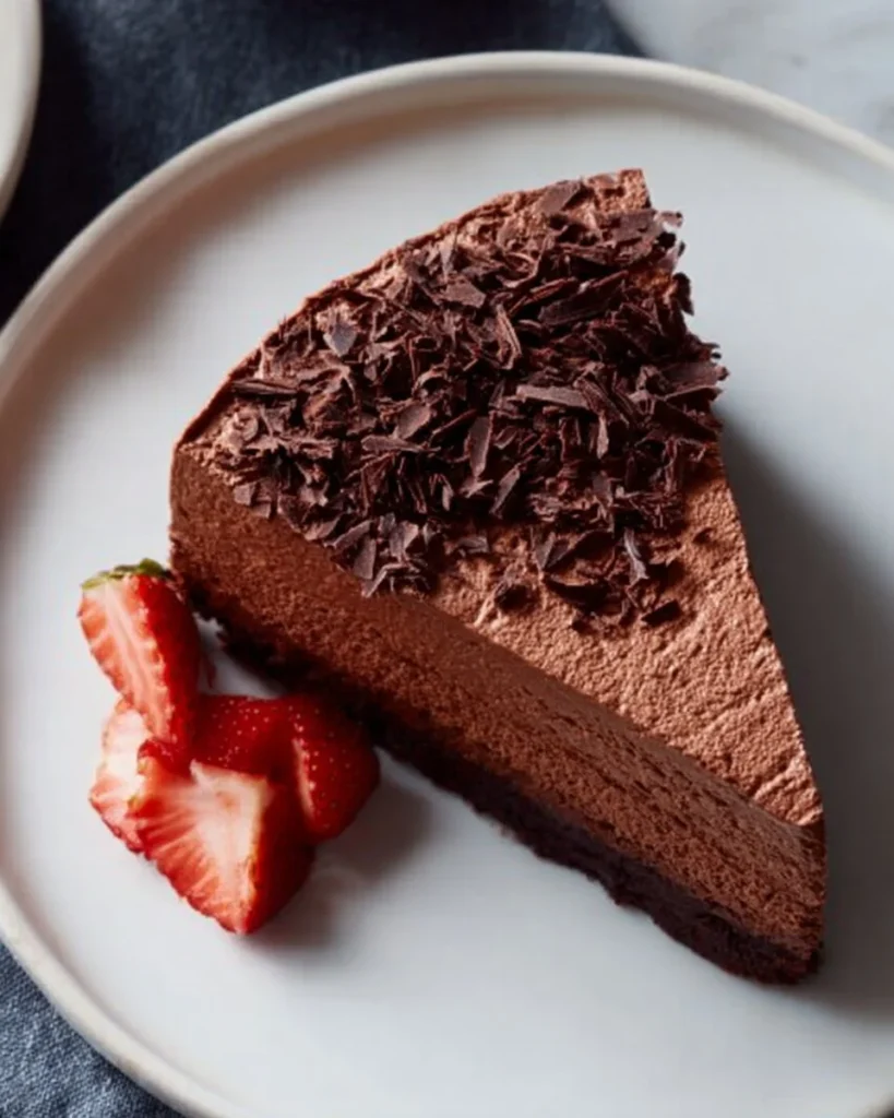 Delicious chocolate mousse cake topped with chocolate shavings.