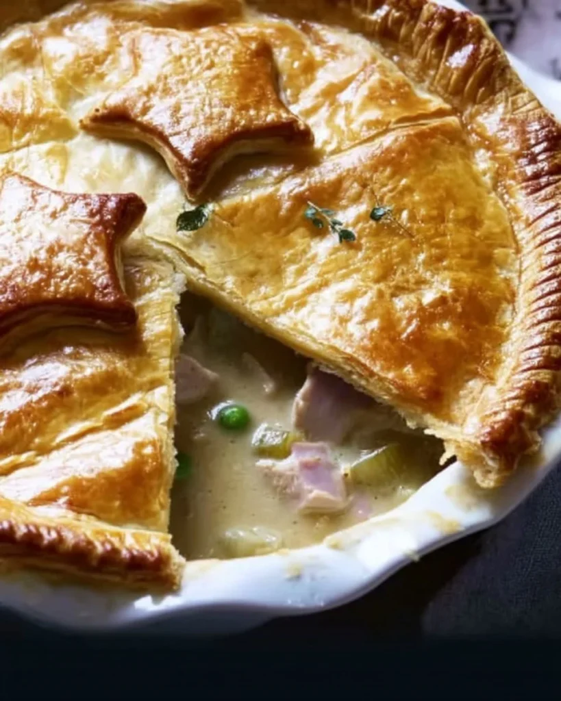 Delicious Turkey Pot Pie by Ina Garten, served warm in a rustic dish.