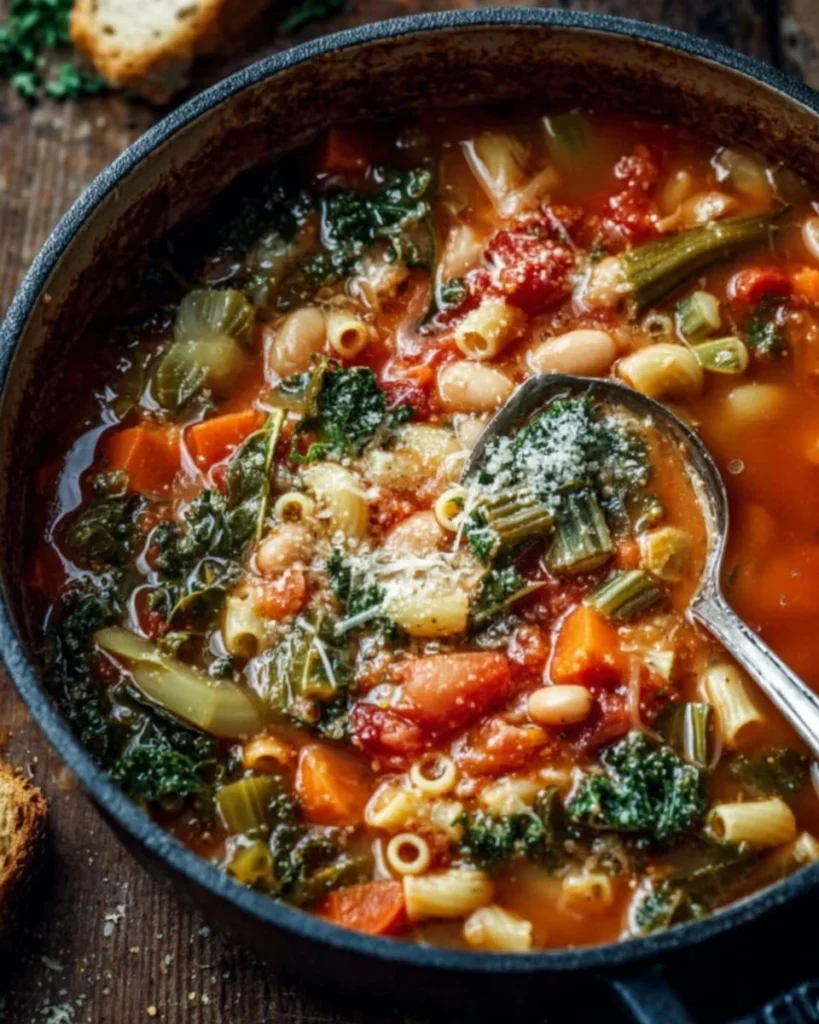 Bowl of Ina Garten's Winter Minestrone Soup filled with fresh vegetables and beans