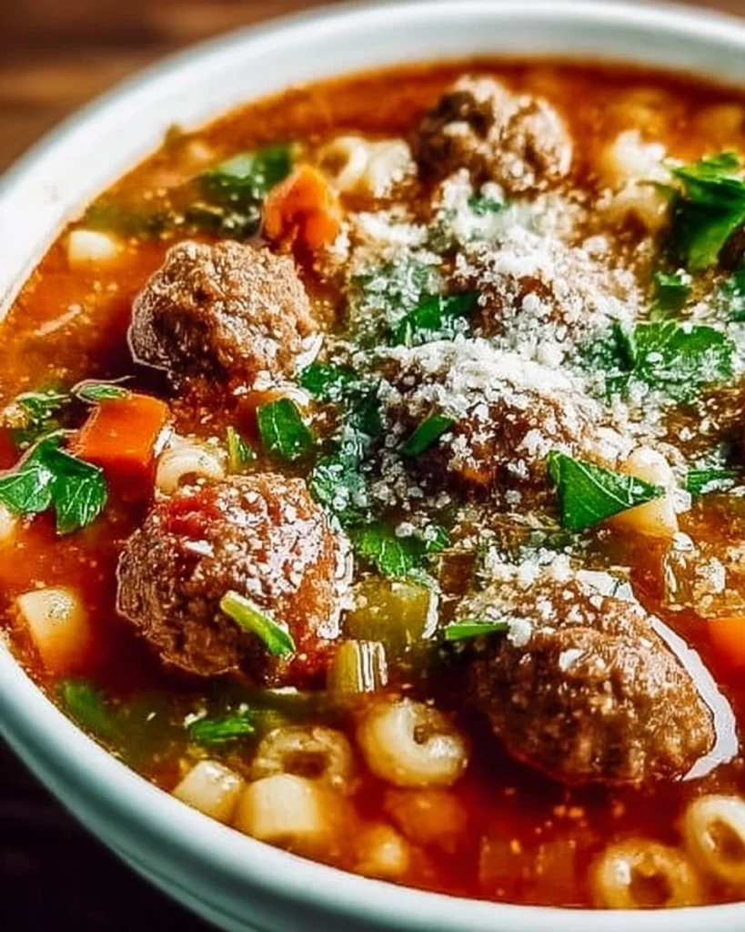 Bowl of Italian meatball soup, a cozy and healthy dish with high protein content.