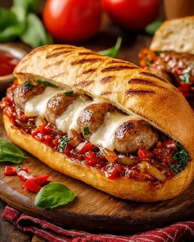 Italian sausage sandwich served with peppers and onions on a toasted bun
