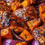 Delicious Brown Sugar Chicken served with roasted sweet potatoes