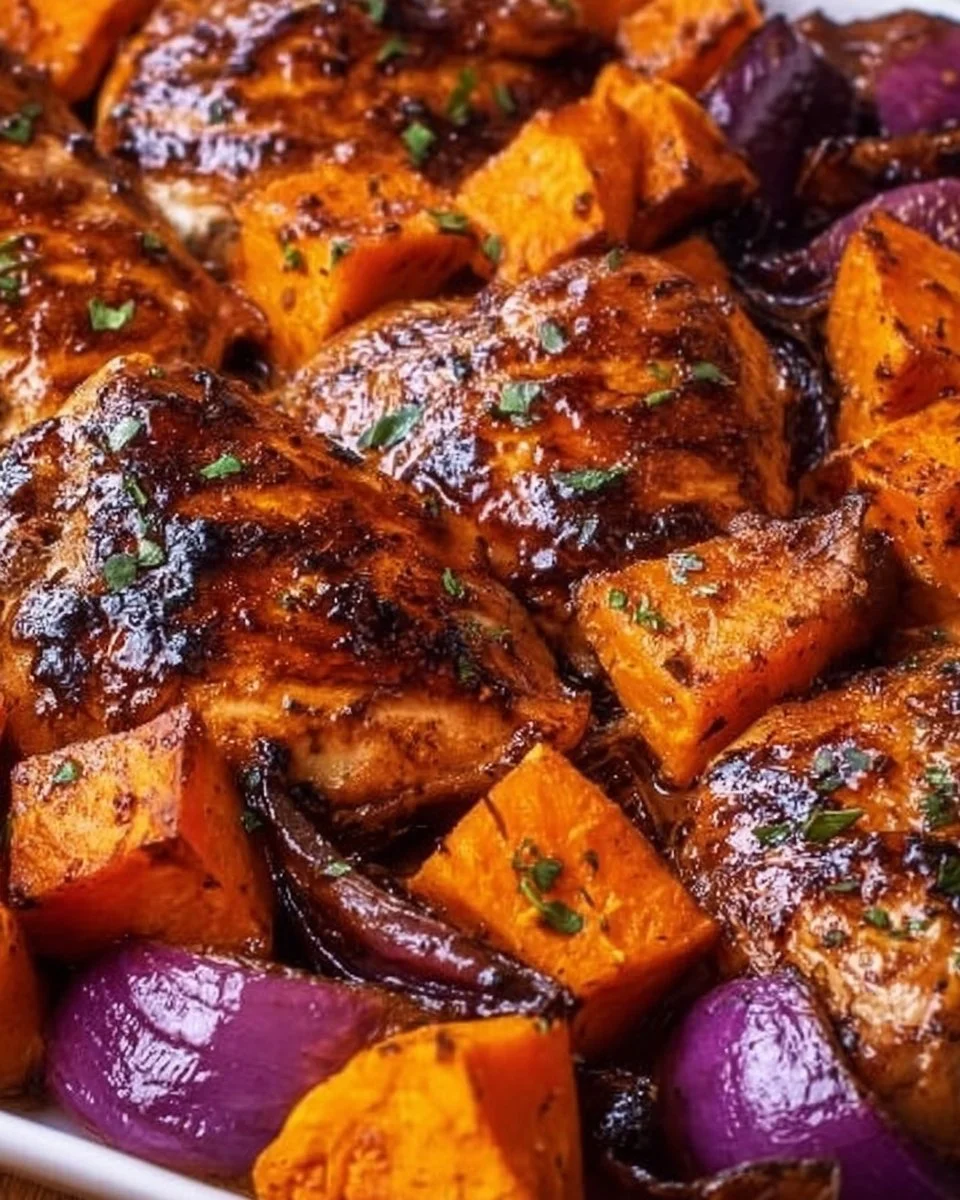 Delicious Brown Sugar Chicken served with roasted sweet potatoes