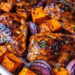 Juicy brown sugar chicken served with sweet potatoes on a plate