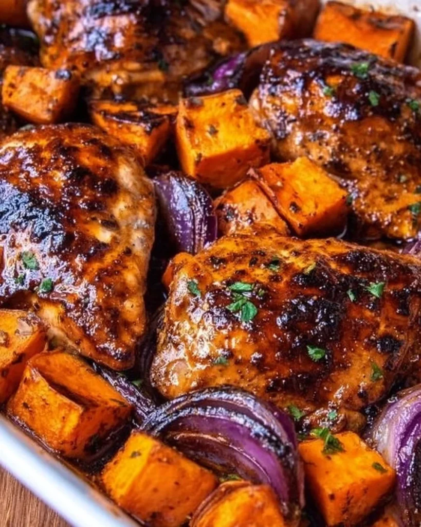Juicy brown sugar chicken served with sweet potatoes on a plate