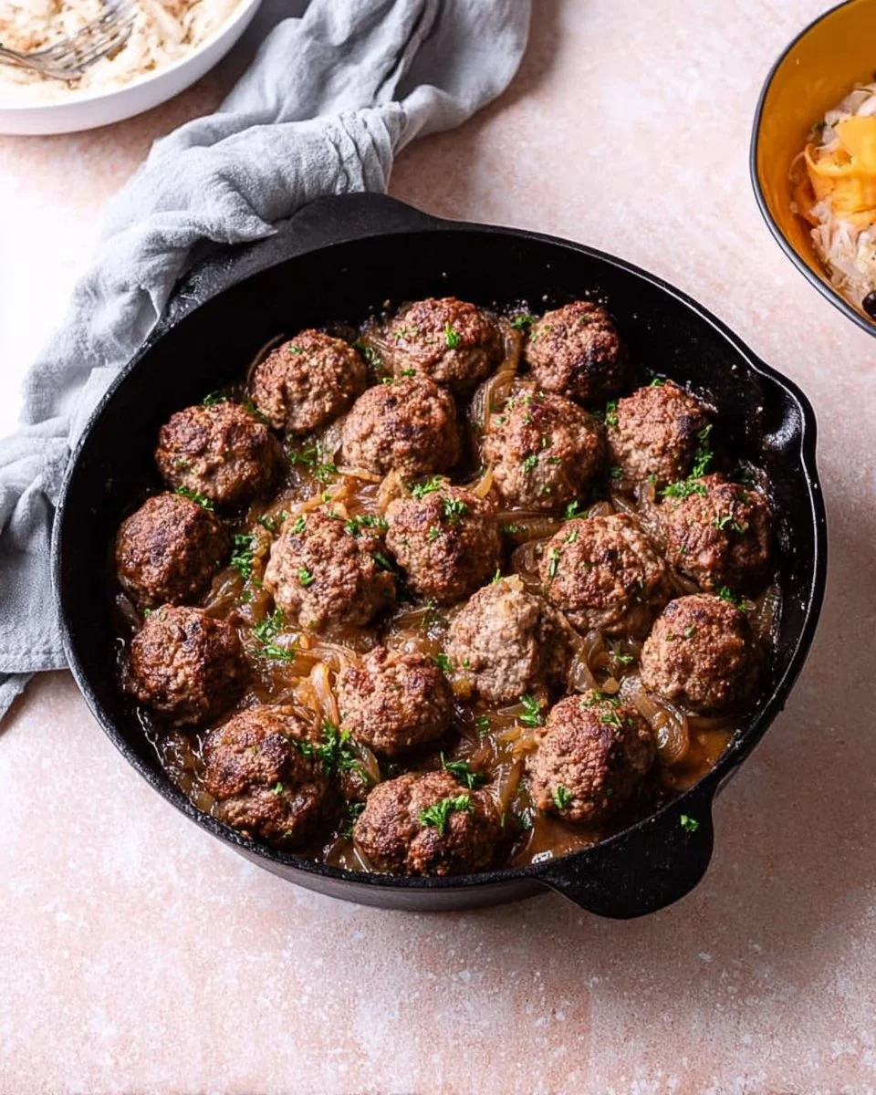 Juicy lamb meatballs served with caramelized onions for a flavorful dish.