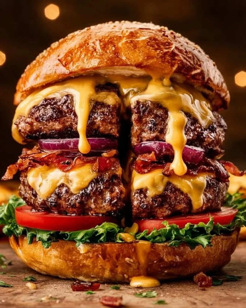 Juicy Lucy hamburger with melted cheese oozing from the center