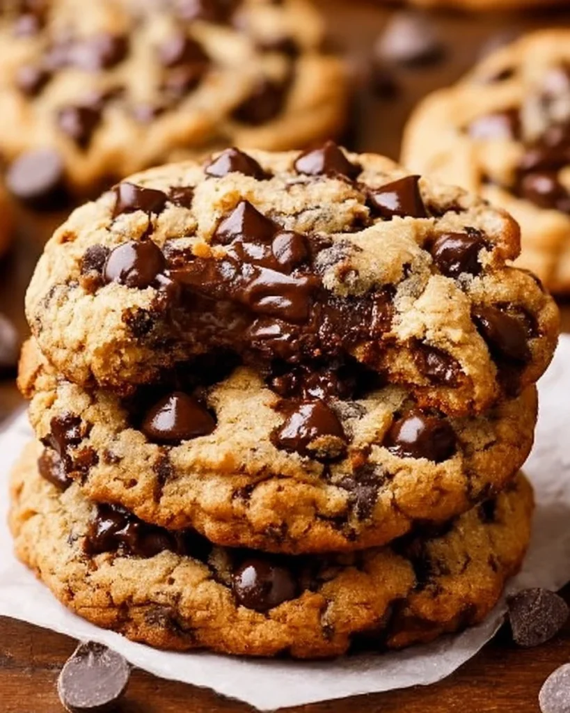 Freshly baked jumbo chocolate chip cookies with melted chocolate chips