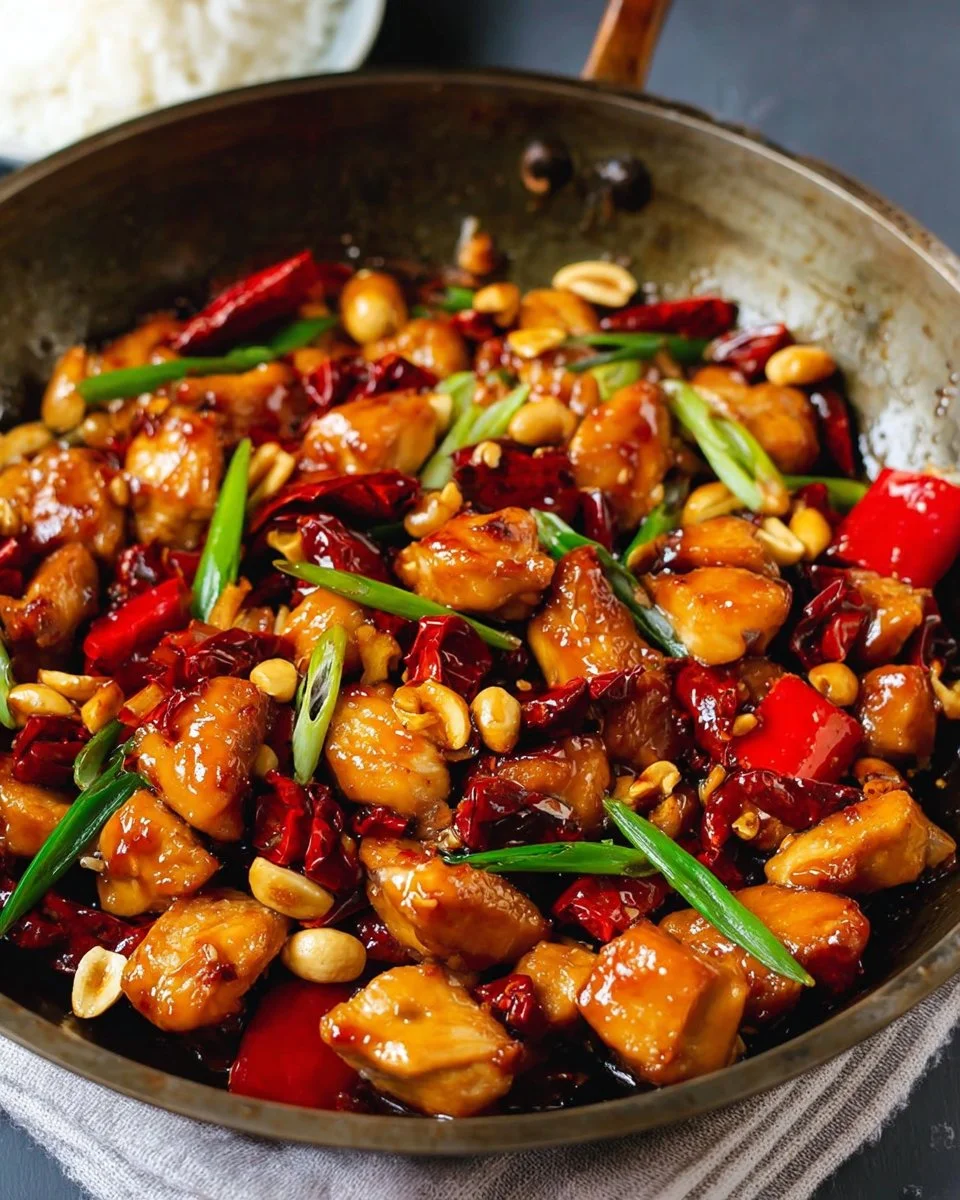 Delicious homemade Kung Pao Chicken stir fry with peanuts and vegetables