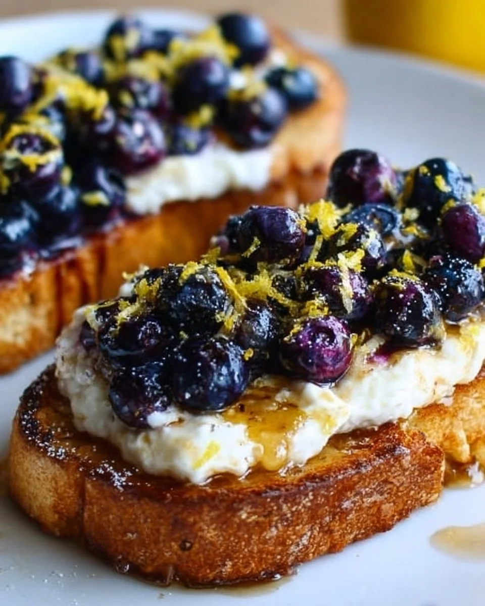 Lemon blueberry sourdough toast topped with creamy spread and fresh berries.