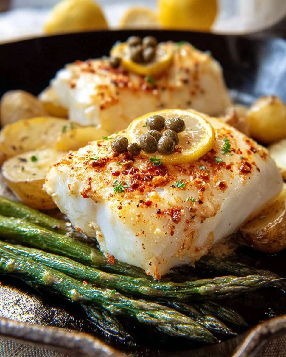 Lemon Butter Baked Cod served with fresh herbs and lemon slices.