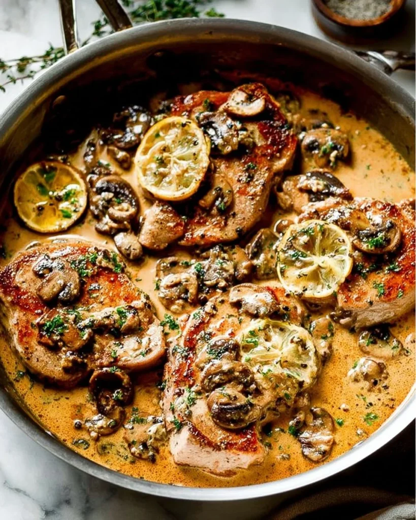 Plate of Lemon Cream Chicken with Mushrooms garnished with fresh herbs