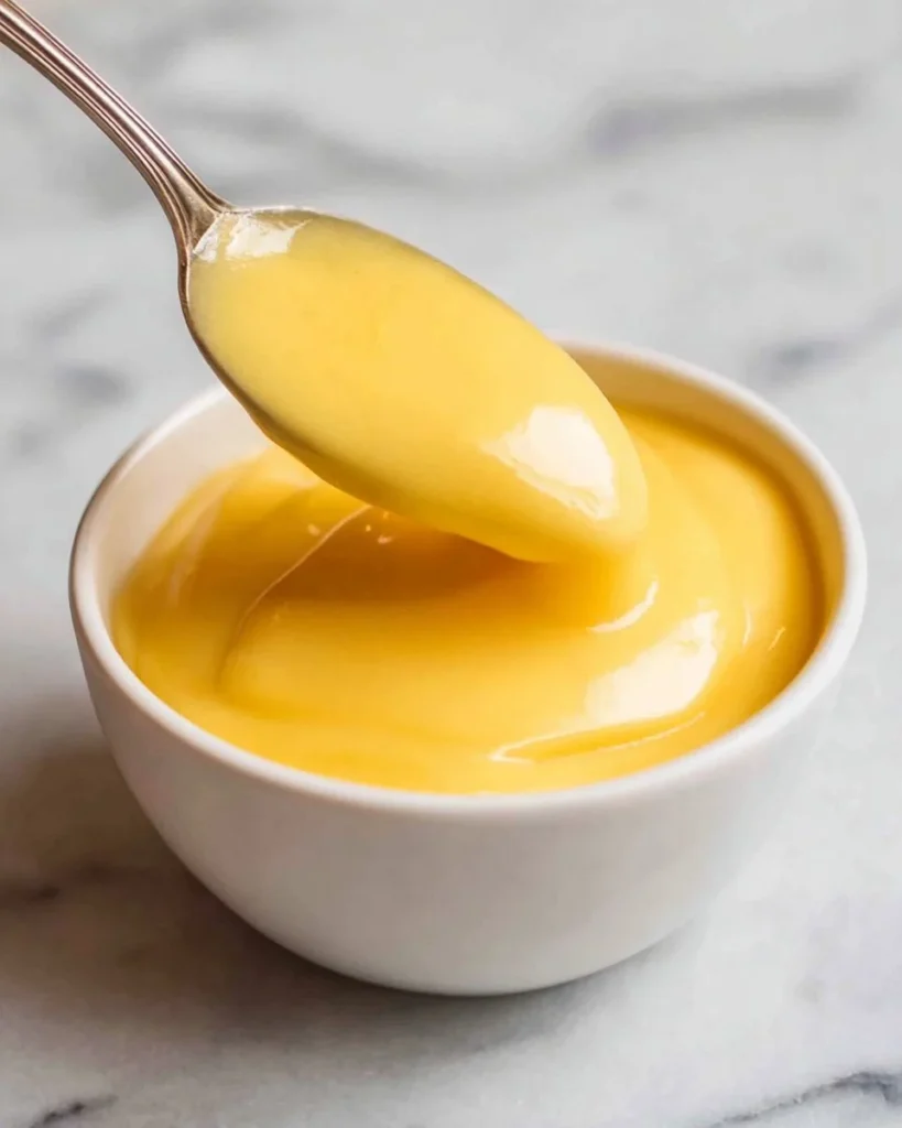 Creamy lemon curd served in a bowl, garnished with lemon zest and mint leaves.