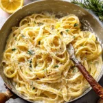 Creamy Lemon Fettuccine Alfredo dish with fresh herbs and lemon zest.