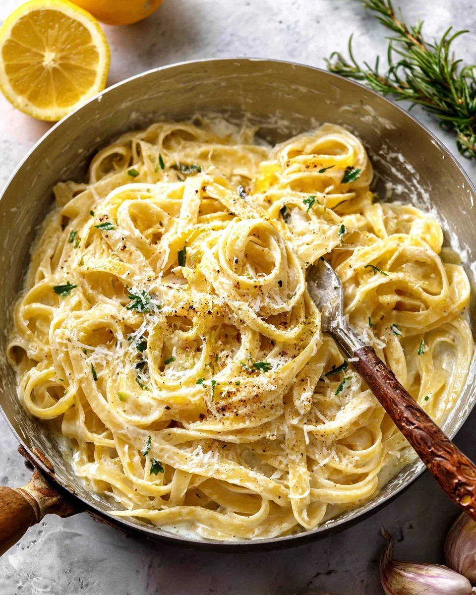 Creamy Lemon Fettuccine Alfredo dish with fresh herbs and lemon zest.