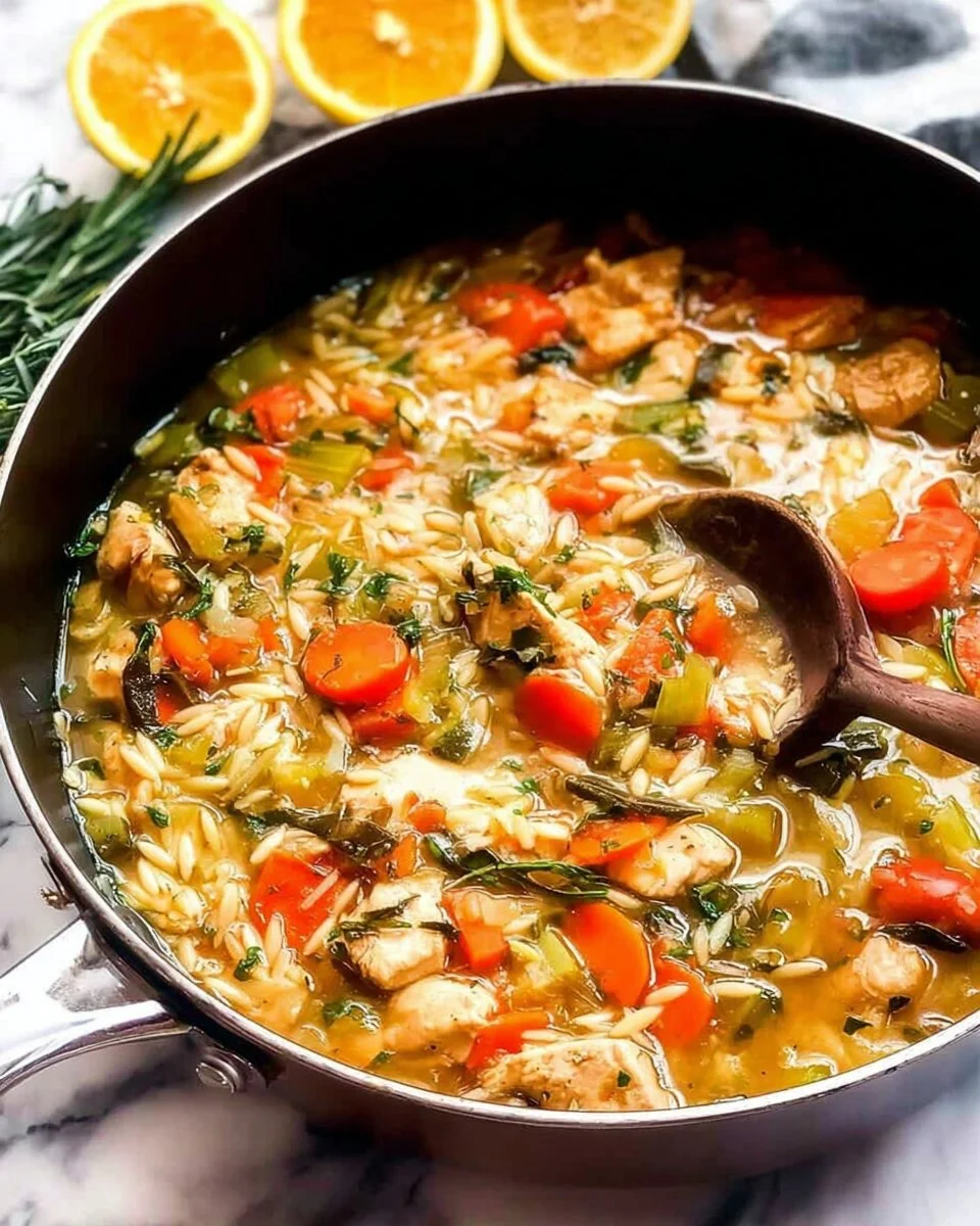 Lemony chicken stew with orzo served in a bowl, garnished with fresh herbs.