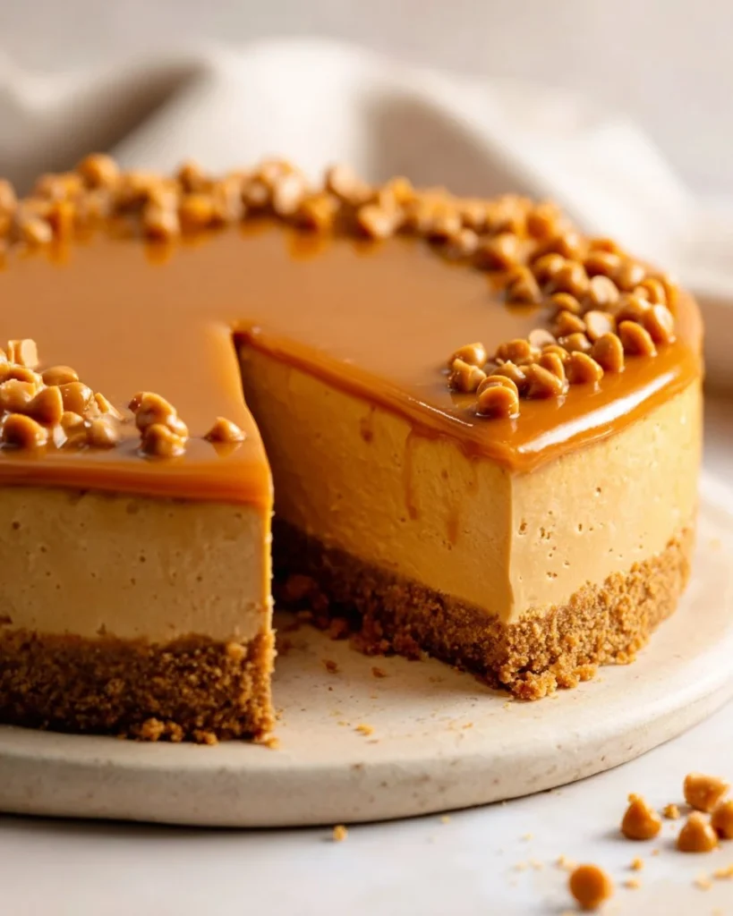 Loaded butterscotch cheesecake topped with caramel and nuts
