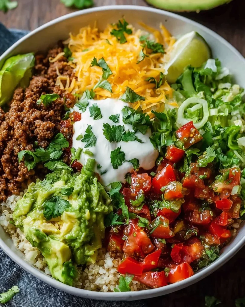 Low Carb Burrito Bowl served in a bowl with colorful ingredients