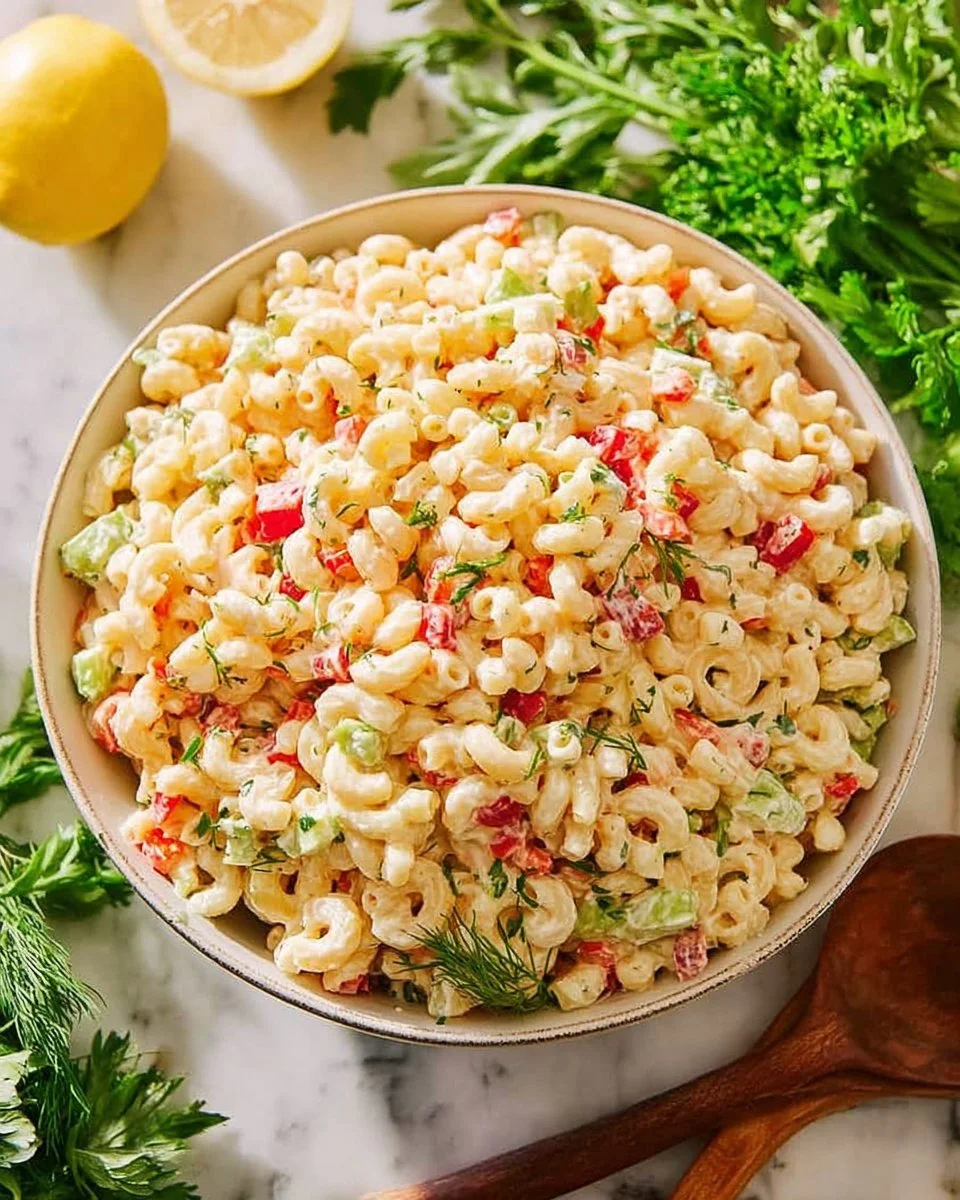 Protein-packed macaroni salad dish photo, featuring pasta, vegetables, and dressing.