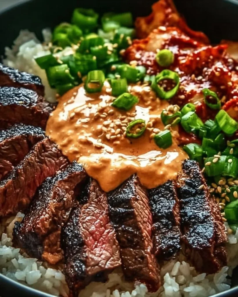 Healthy Korean BBQ Steak Bowl with vegetables and rice for meal prep