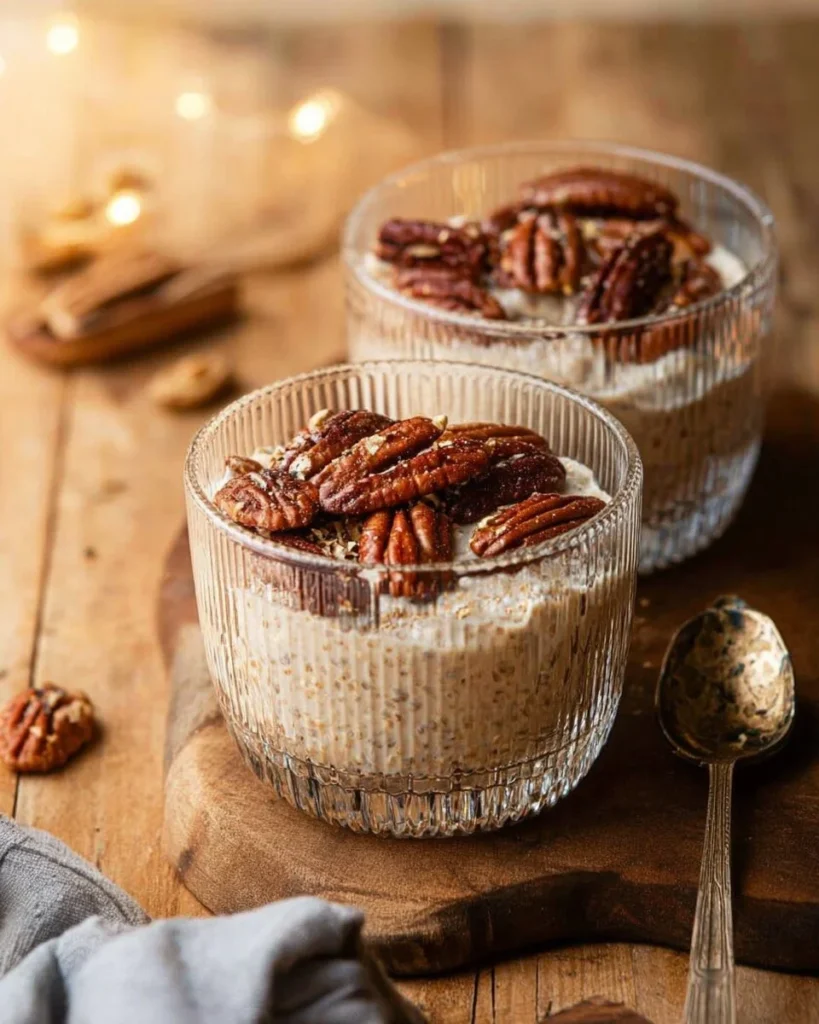 Bowl of Maple Cinnamon Pecan Overnight Oats topped with pecans and cinnamon