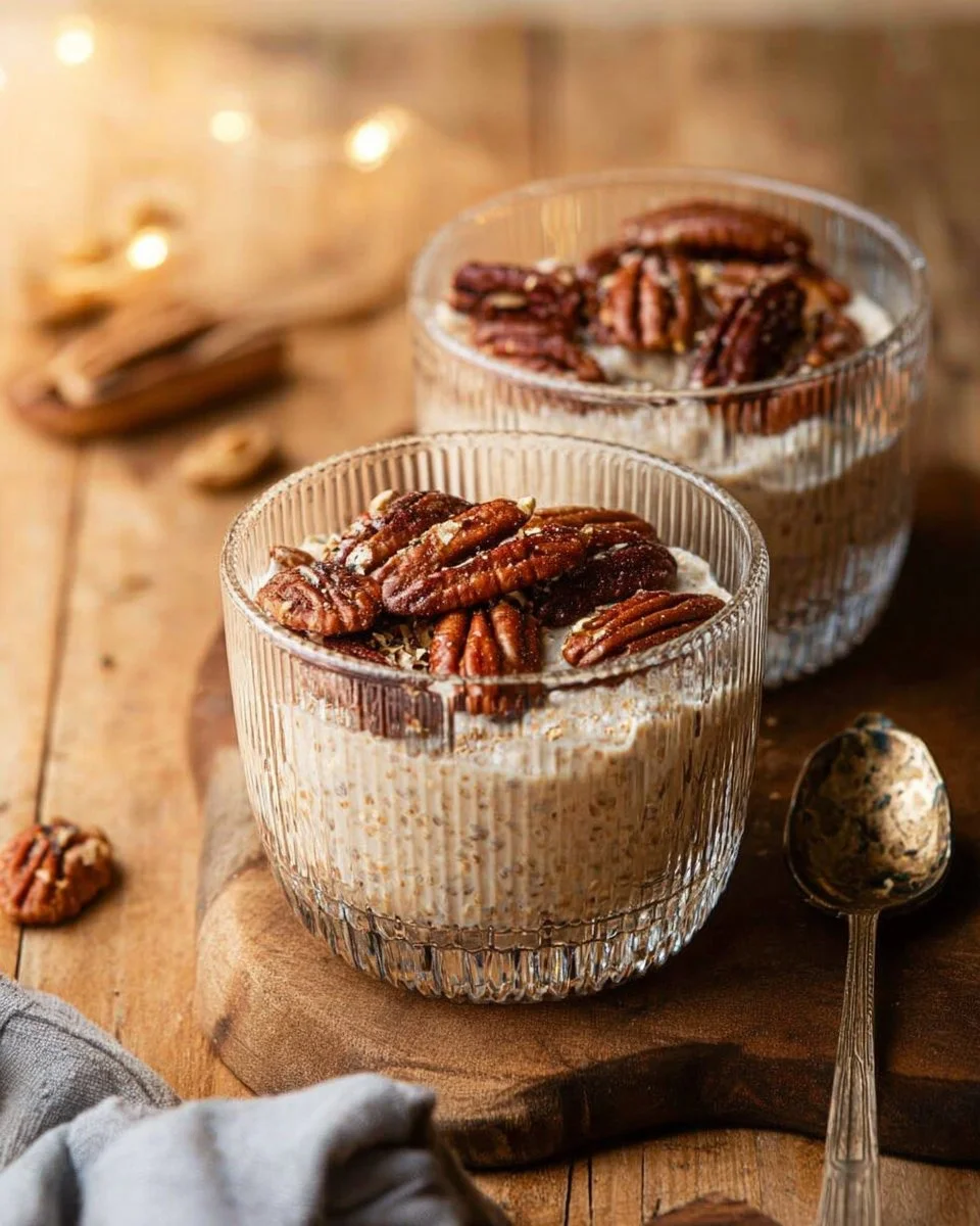 Bowl of Maple Cinnamon Pecan Overnight Oats topped with pecans and cinnamon