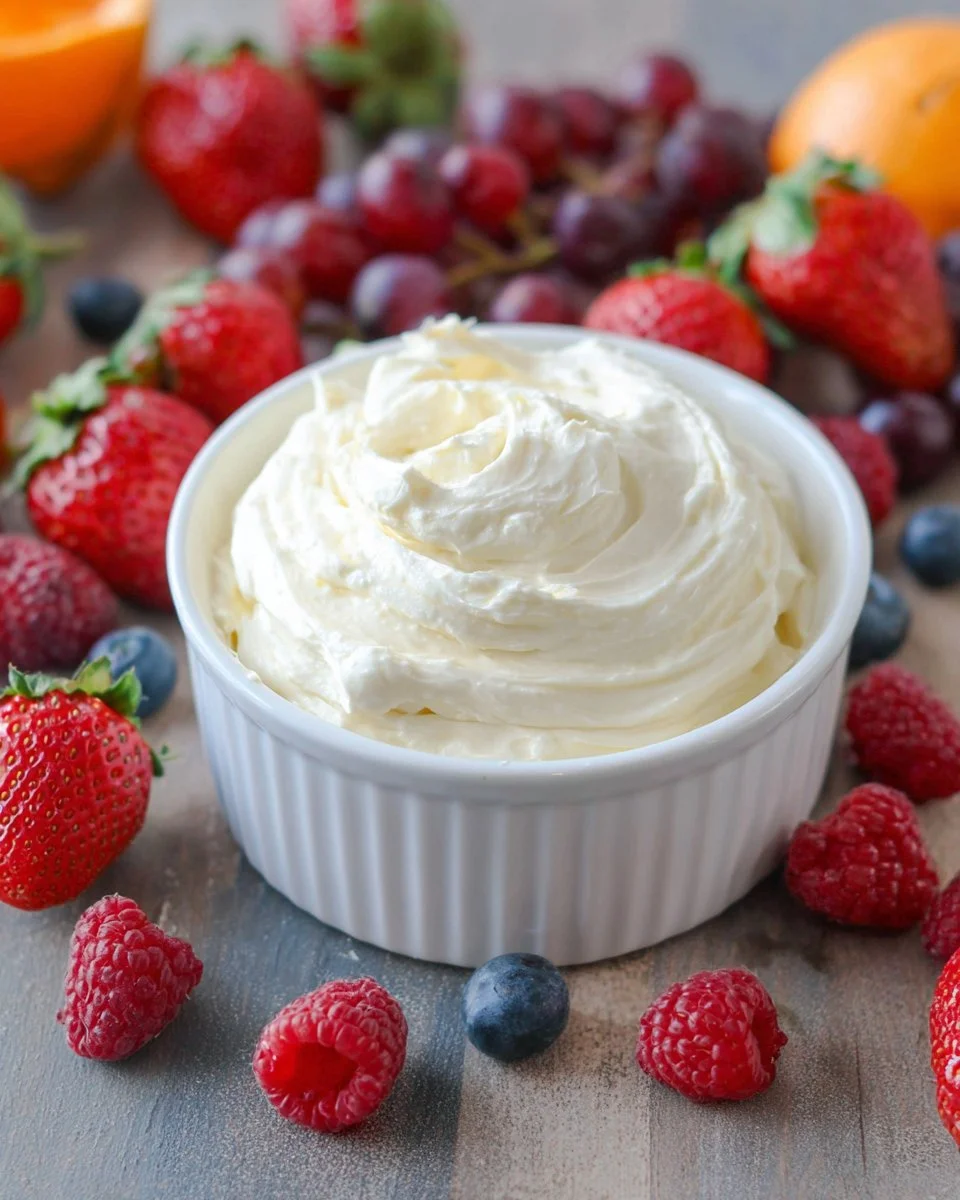 Delicious marshmallow cream cheese fruit dip served with fresh fruits