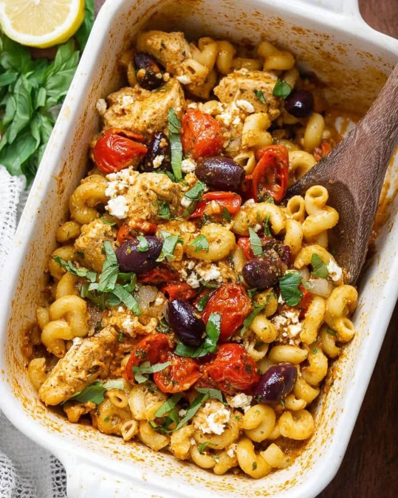 Baked Mediterranean Chicken with feta cheese and vegetables in a casserole dish