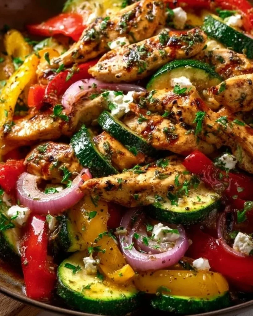 Delicious Mediterranean Chicken Stir-Fry served in a bowl with fresh vegetables
