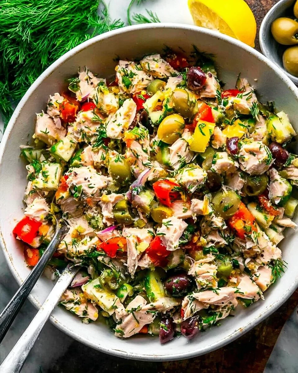 Mediterranean tuna salad with fresh vegetables and herbs