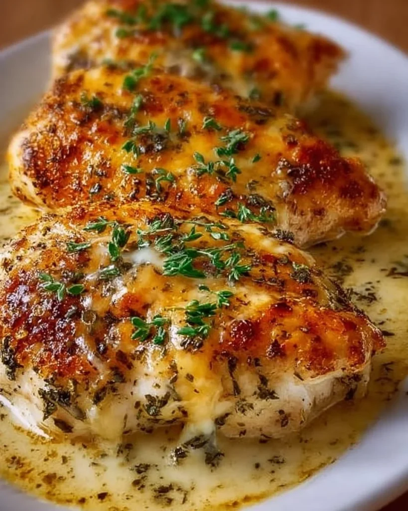 Melt in your mouth chicken bake served on a plate with vegetables