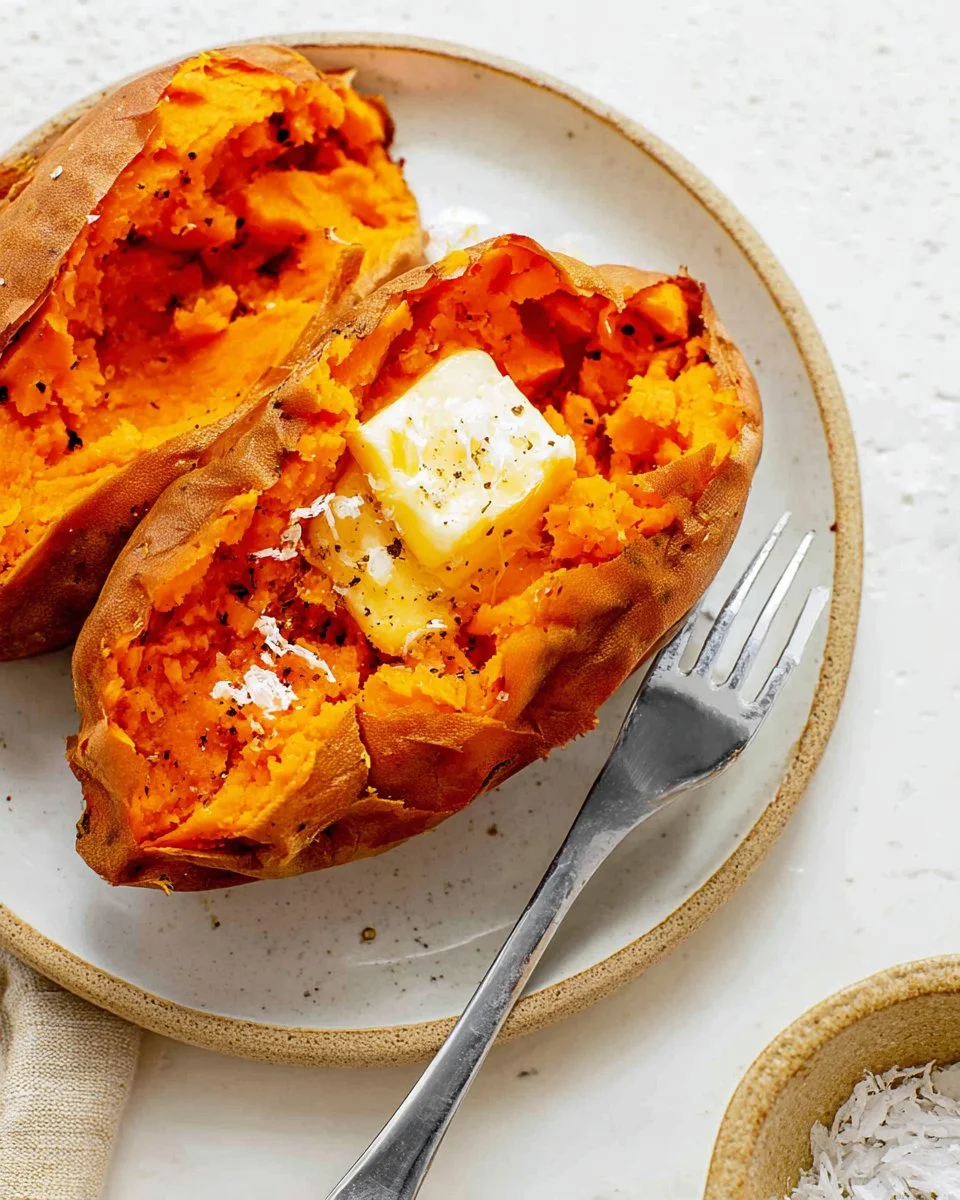 Creamy microwave sweet potato dish garnished with herbs on a plate