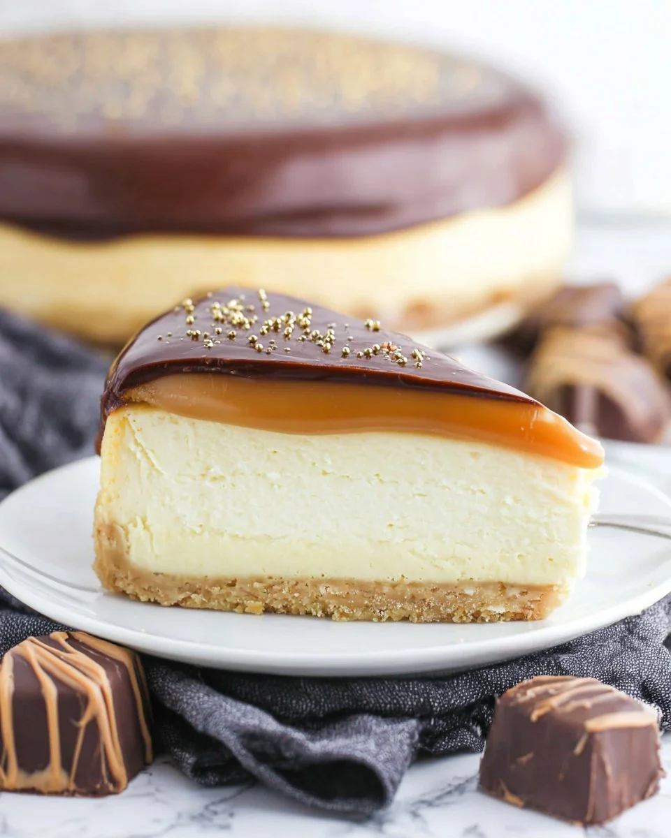 Slice of millionaire cheesecake topped with fresh berries and a drizzle of chocolate