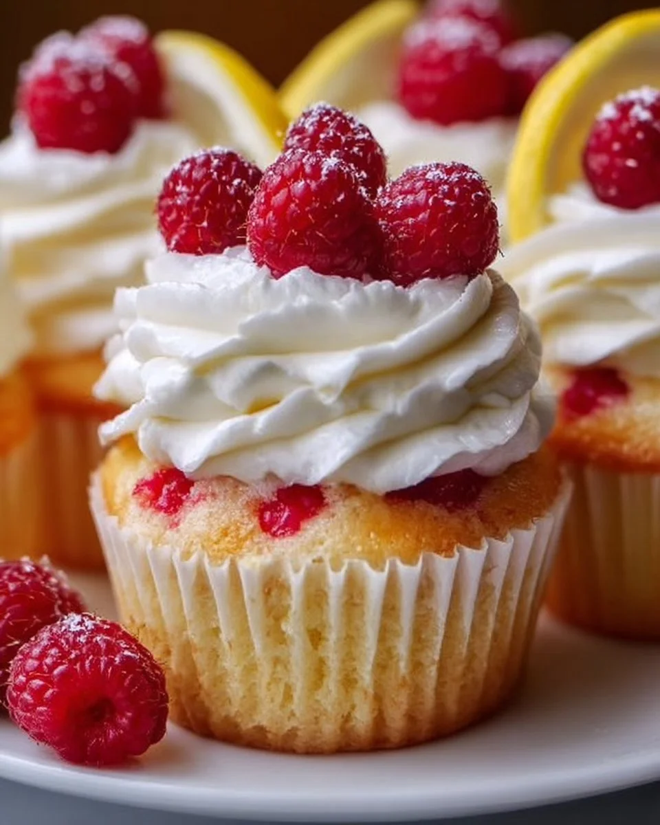 Moist lemon cupcakes with raspberry filling on a beautiful serving plate