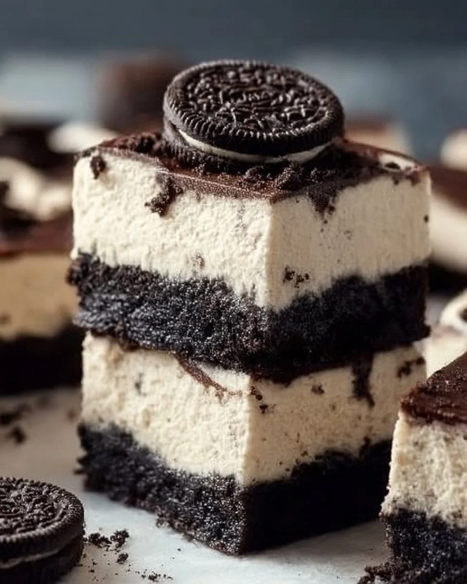 Delicious No-Bake Oreo Cheesecake Bars topped with crushed Oreos