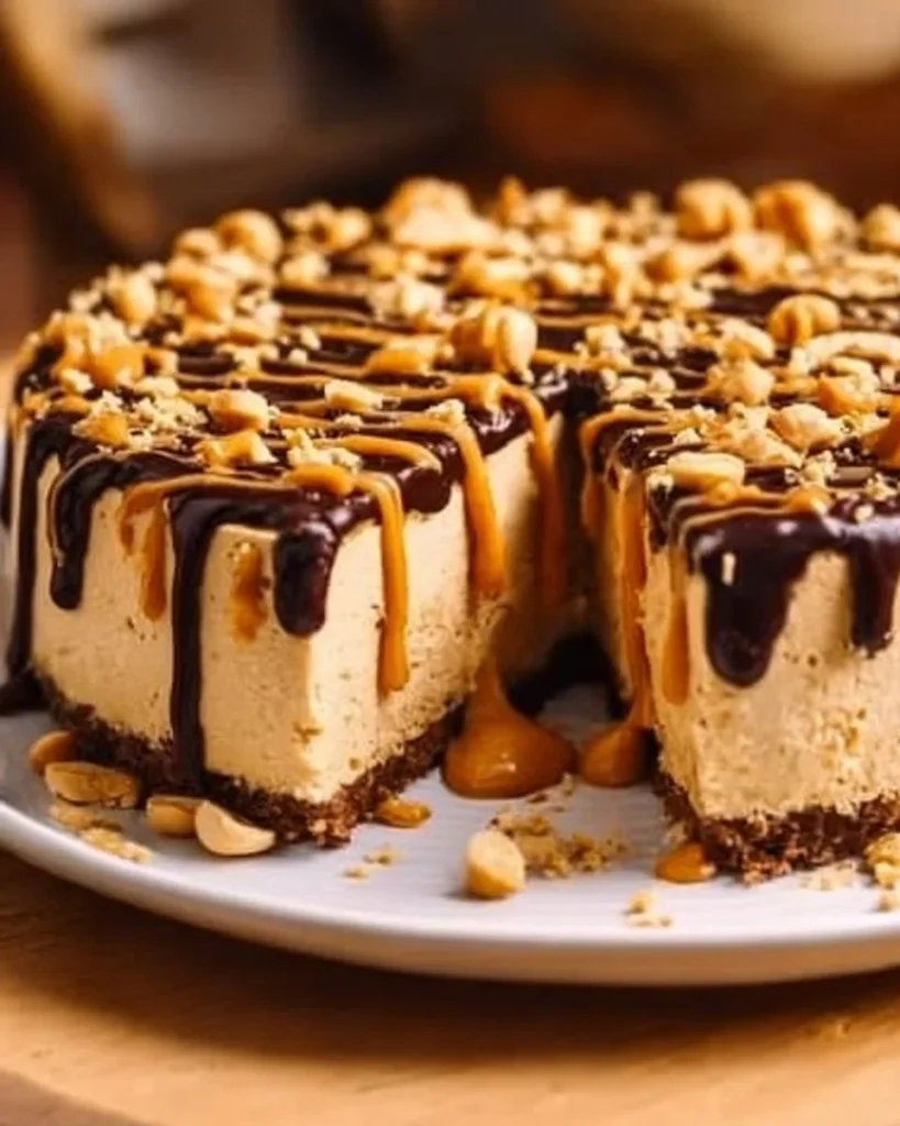 No-bake peanut butter cheesecake topped with chocolate and peanuts.