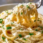 A creamy bowl of Olive Garden Alfredo sauce served with pasta.