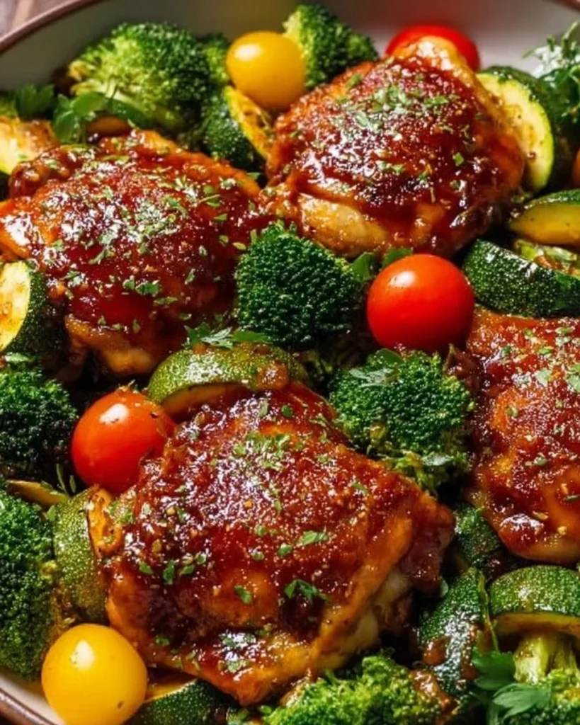 One Pan BBQ Chicken Thighs with Roasted Veggies for a tasty meal