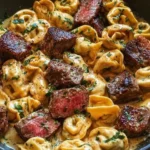 One-pan cowboy butter tortellini with steak bites on a rustic table